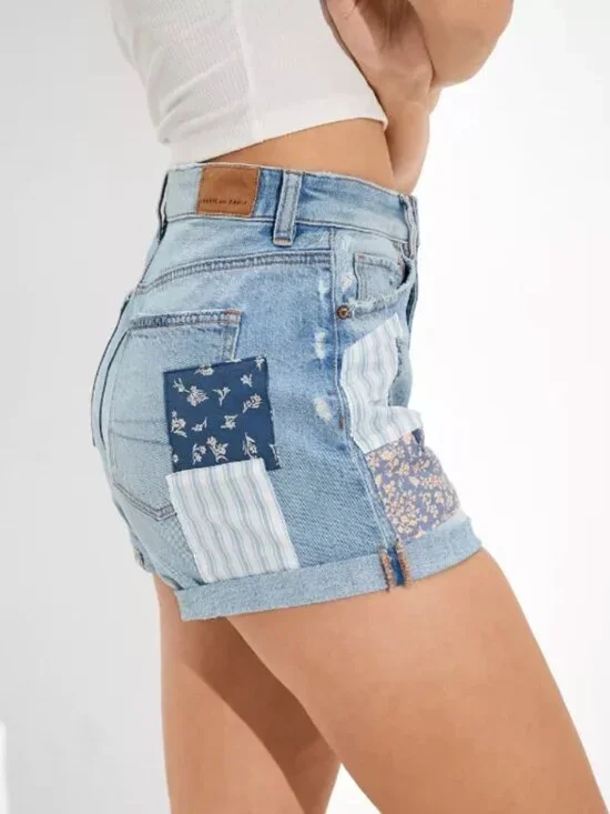 American Eagle AE Patch Me Up Blue Floral High-Rise Denim Mom Shorts Size 4 - Picture 11 of 11